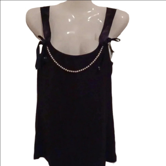 🍭🏍Black cotton camisole with faux pearls and ribbons - Picture 2 of 8